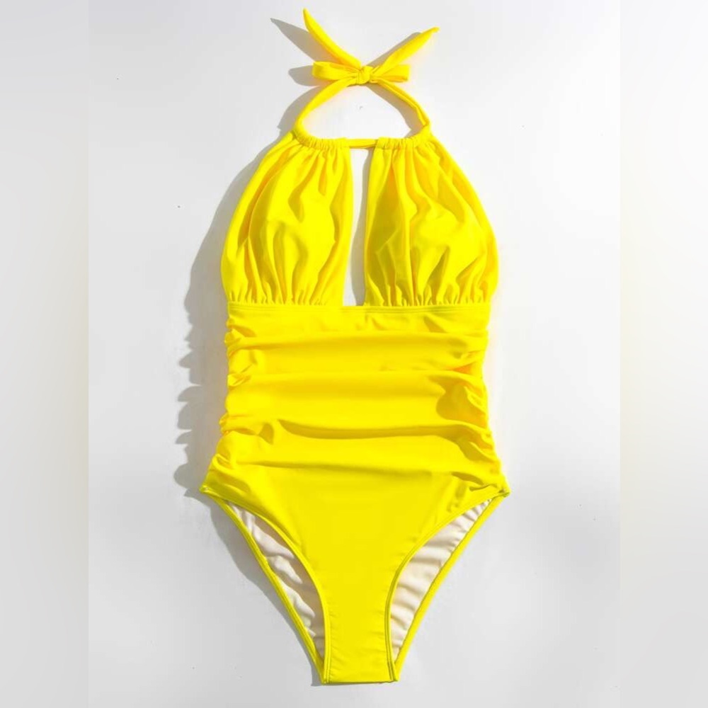 Yellow one piece halter bathers swimsuit - Picture 7 of 10